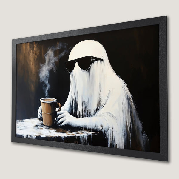 Framed Poster: Ghost enjoying coffee, modern art style. Black, white, and brown color palette. Unique wall decor.