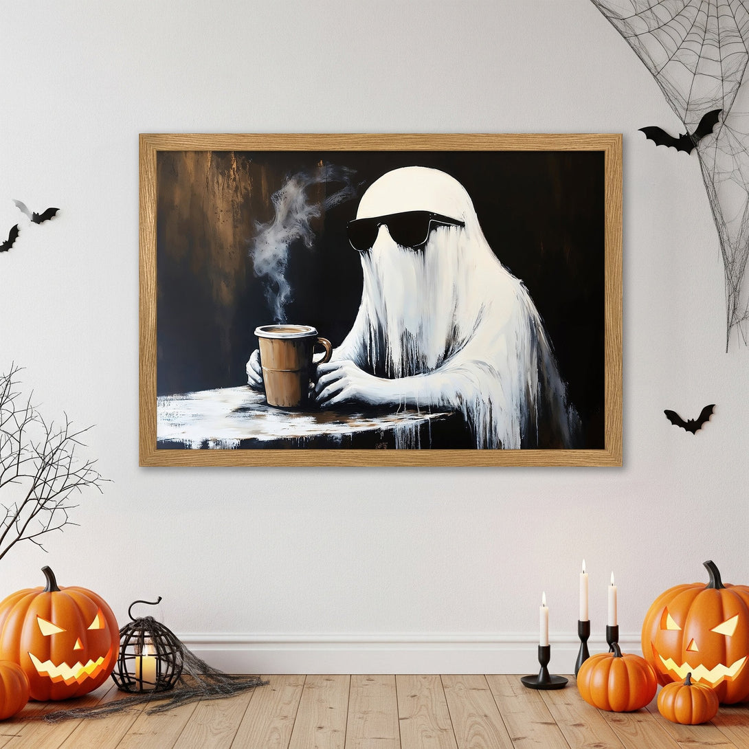 Framed Poster featuring a cool ghost with coffee, in a modern art style. Black, white, and brown color palette. Perfect Halloween decor!