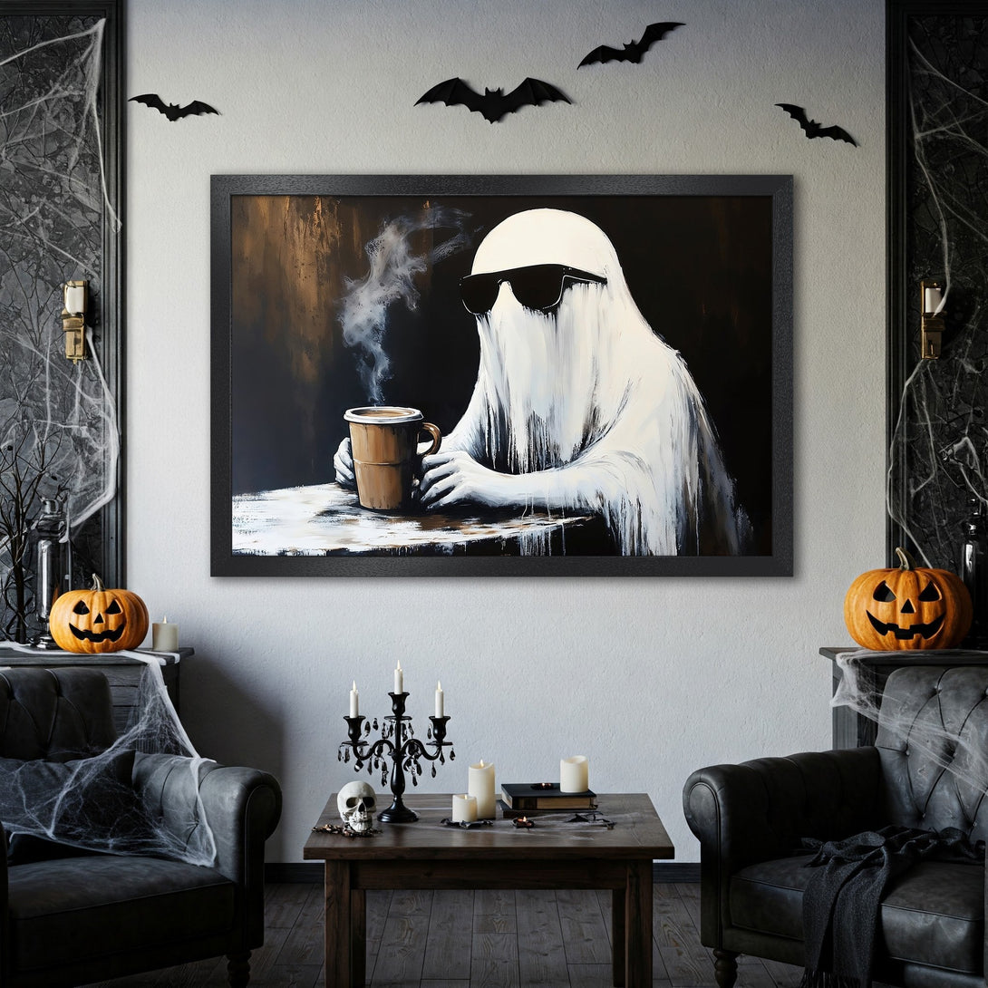 Framed Poster featuring a cool ghost with sunglasses, enjoying coffee. Modern art style, black, white, and brown color palette. Perfect Halloween decor!