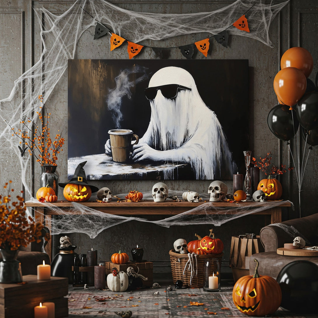 Framed Wall Art featuring a cool ghost enjoying coffee. Modern, black, white, and gold color palette. Perfect Halloween decor!