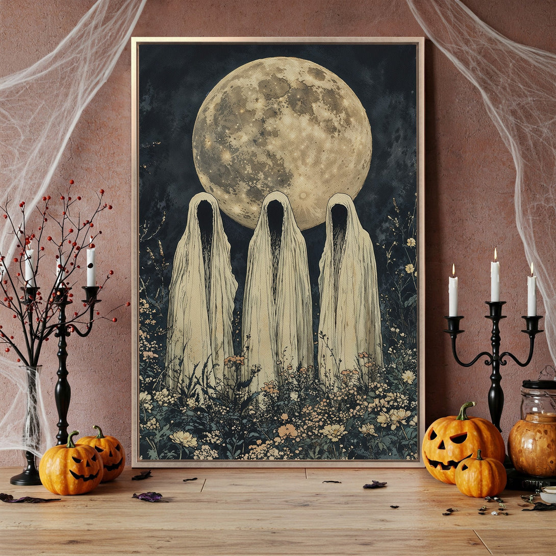 Framed Wall Art: Spooky Halloween scene with three cloaked figures under a full moon. Vintage style, dark blue, cream, and orange color palette. Perfect for fall decor.