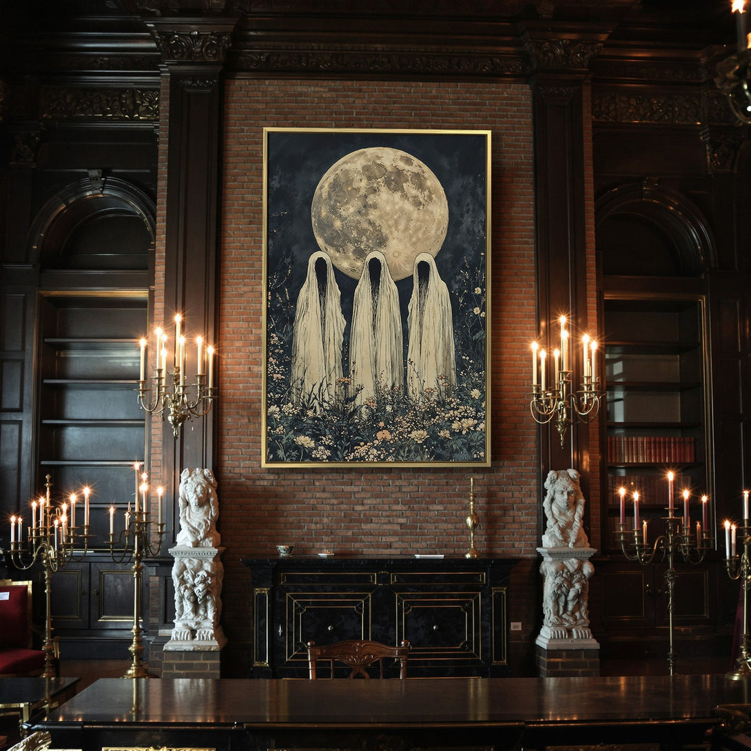 Canvas Print featuring a spooky moonlit scene with hooded figures. Dark, vintage style with a moody blue and cream color palette. Perfect for Halloween decor.