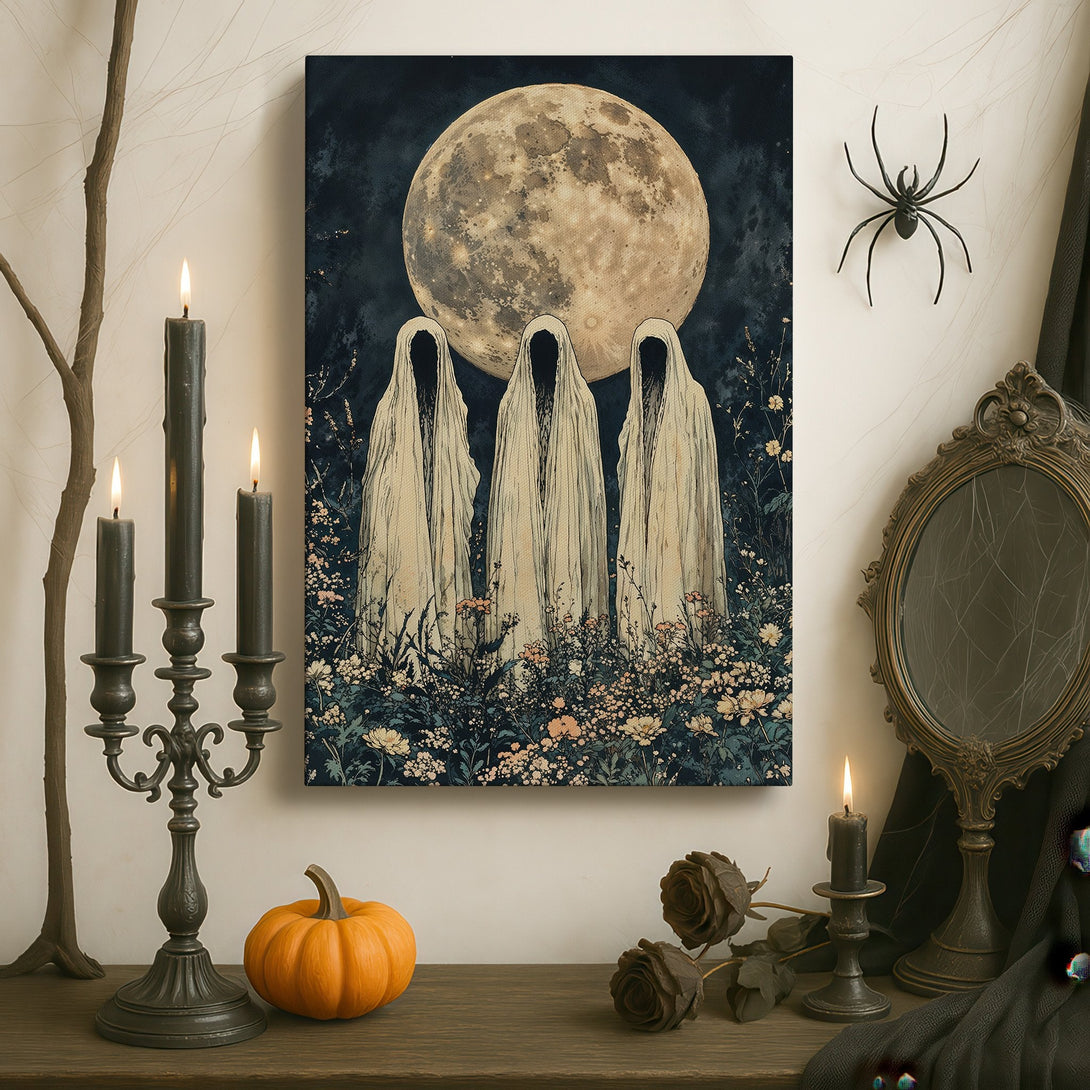 Framed Wall Art: Spooky moonlit scene with figures in a dark, gothic interior. Features a moody, vintage style and a cool, muted color palette.