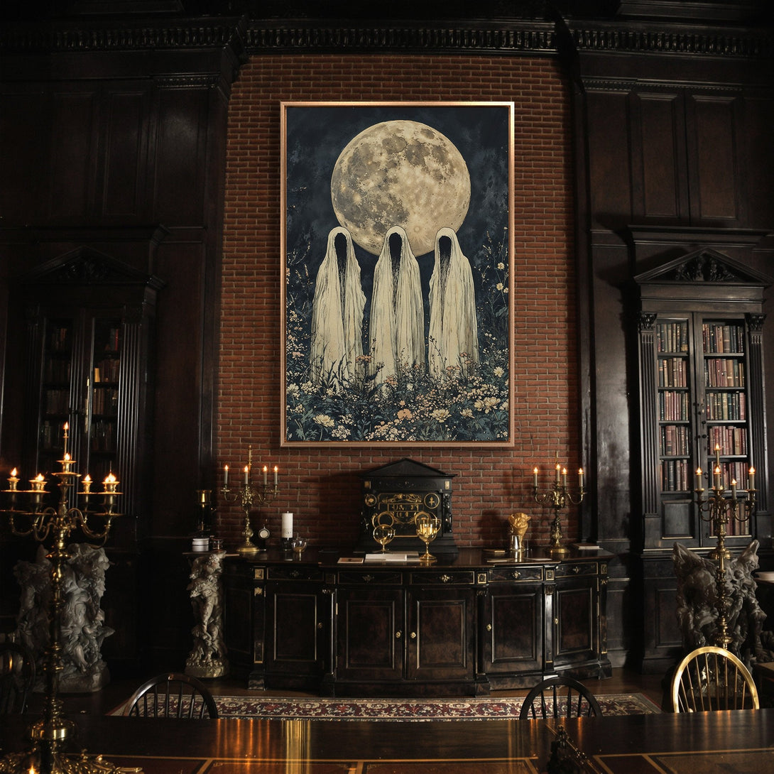 Framed Wall Art featuring a spooky, gothic scene with figures under a full moon. Dark, moody color palette perfect for adding a touch of mystery to your home.