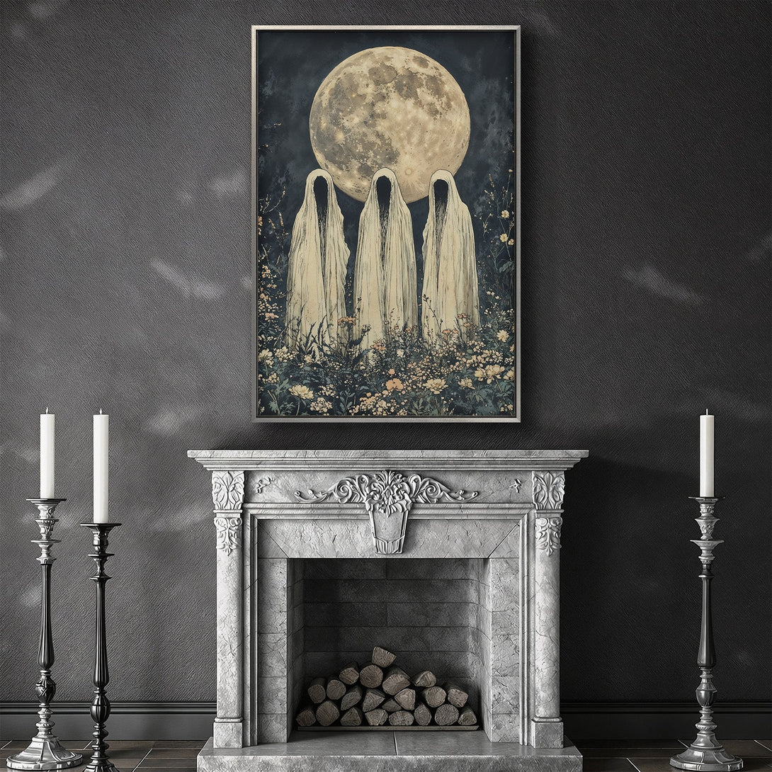 Framed Wall Art: Eerie moonlit scene with cloaked figures, botanical details, and a moody, dark color palette. Perfect for adding a touch of gothic charm.