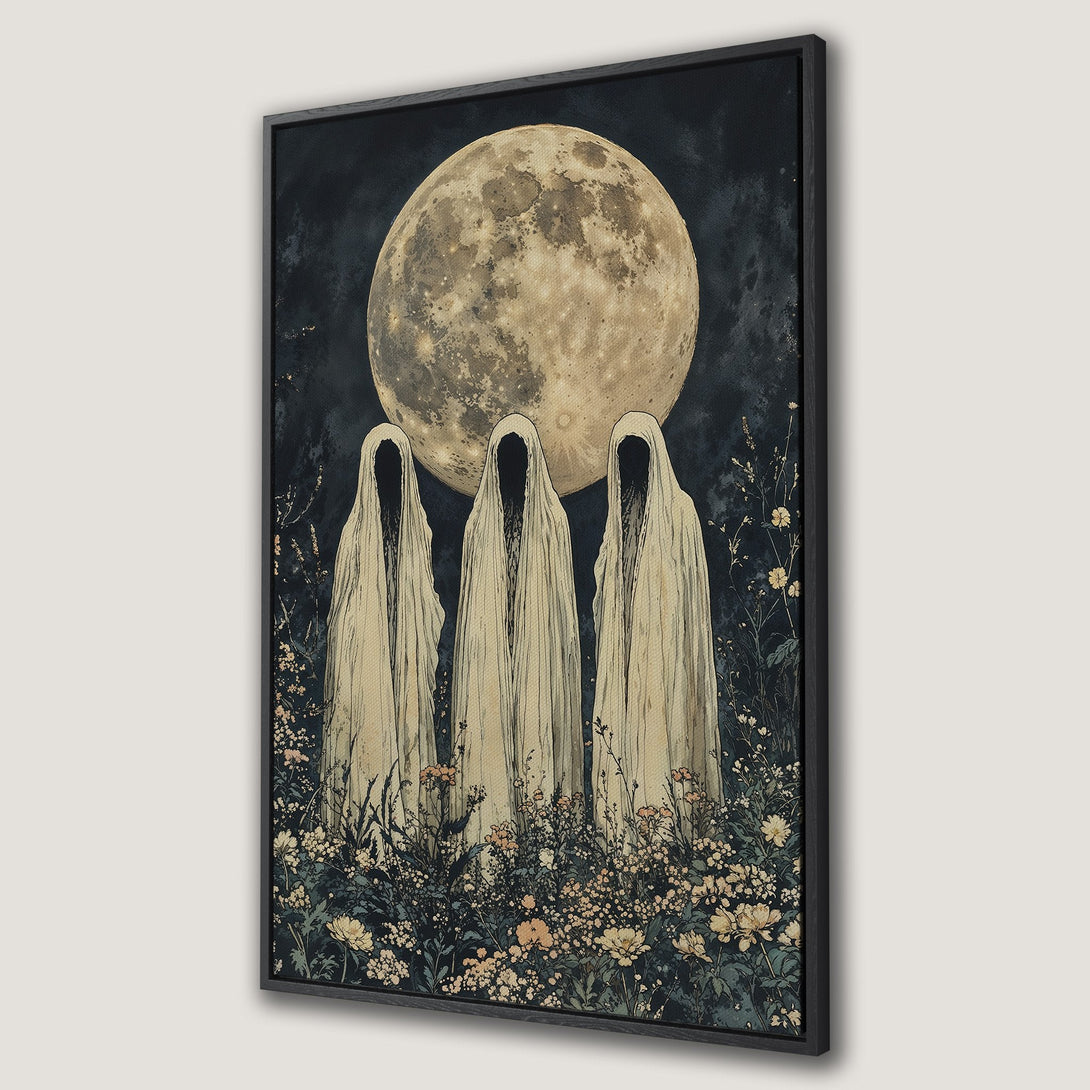 Framed Wall Art featuring a haunting scene with cloaked figures under a full moon. Dark, moody color palette with vintage illustration style. Perfect for Halloween decor.