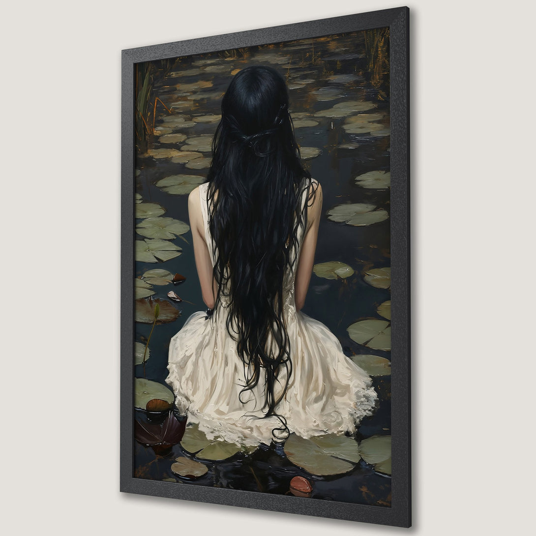 Framed Poster: Woman in water lilies, impressionist style, dark teal & muted tones. Enhance your space with this beautiful art poster.