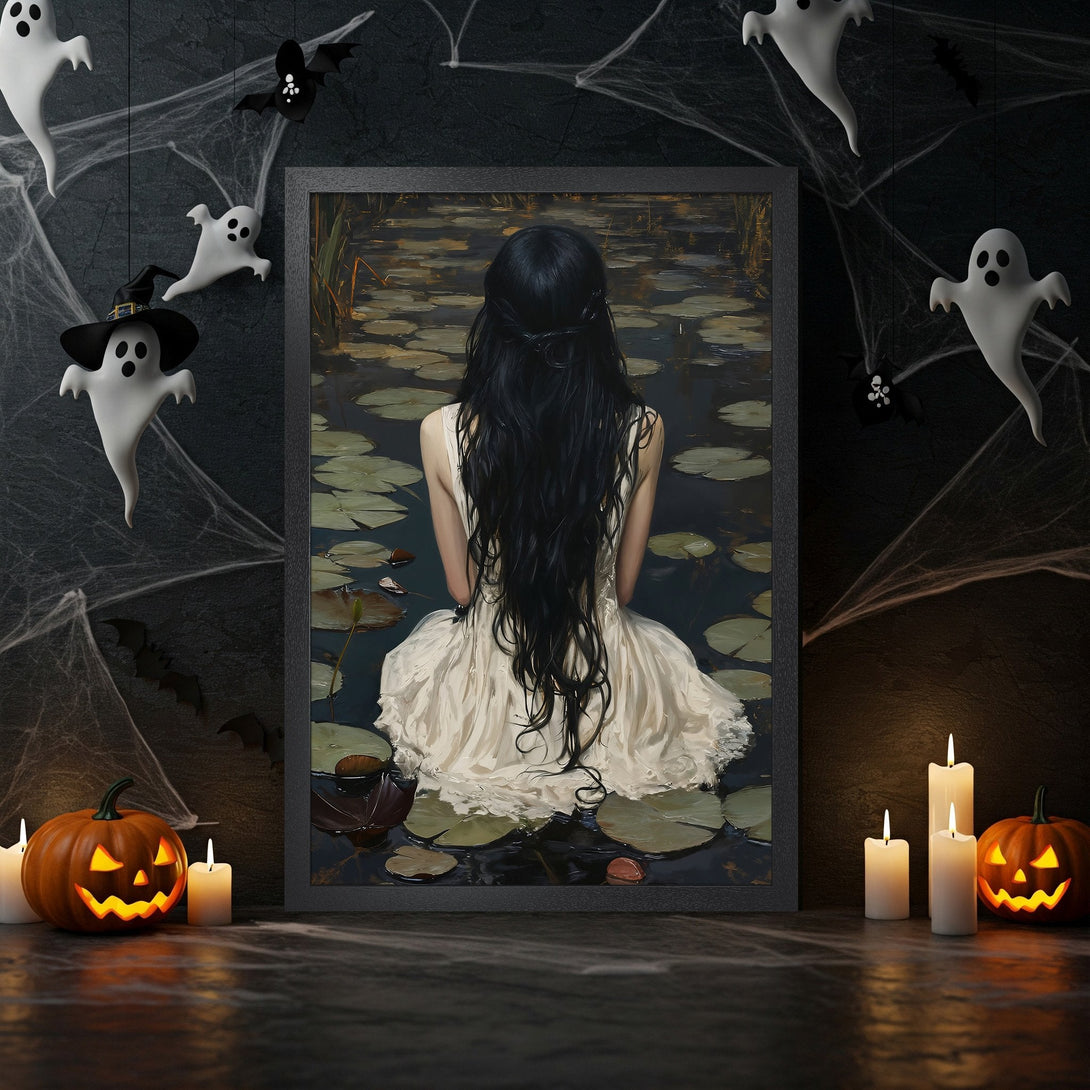 Framed Poster of woman in water. Dark, moody style with a cool, muted color palette. Perfect Halloween decor!