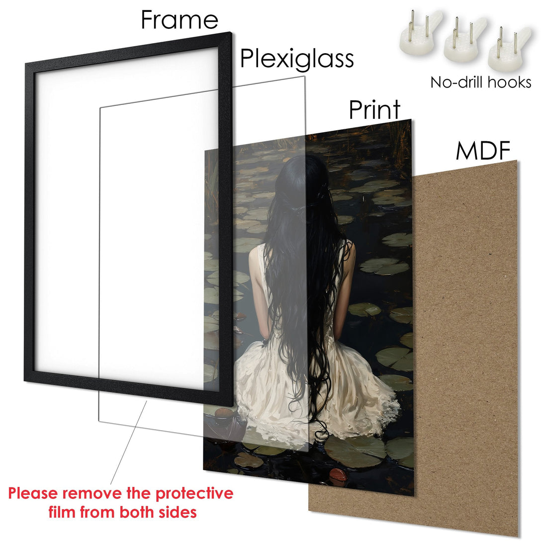 Framed Poster featuring a woman by water, with dark, moody tones. A beautiful art print for your home!
