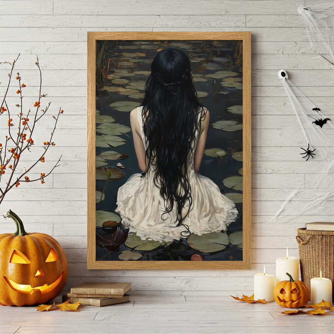 Framed Poster featuring a woman in a white dress, dark hair, and a moody, dark color palette, perfect for Halloween decor.