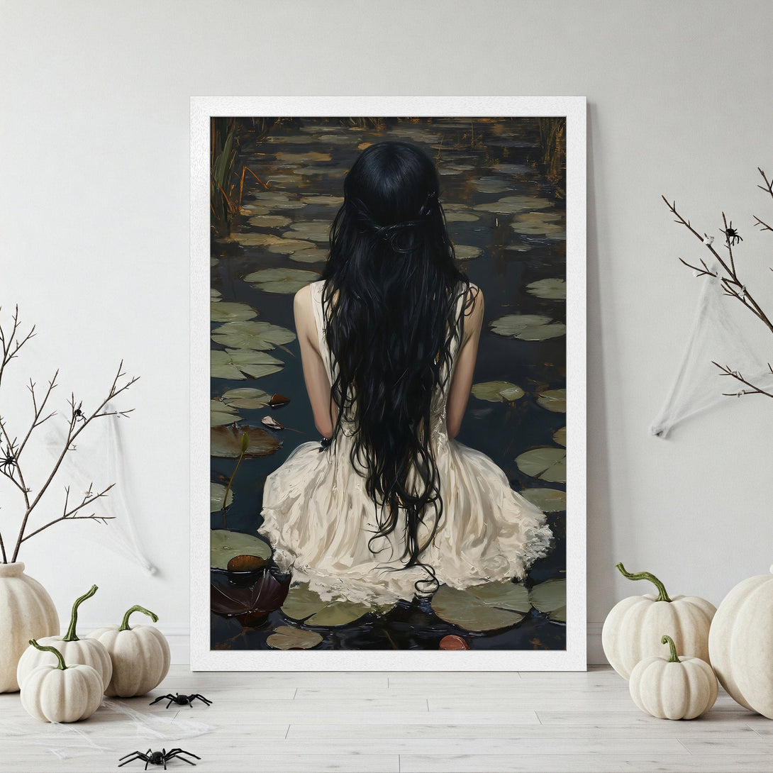 Framed Poster featuring a woman in a pond, dark and moody style with a neutral and dark color palette. Perfect wall art for any space.