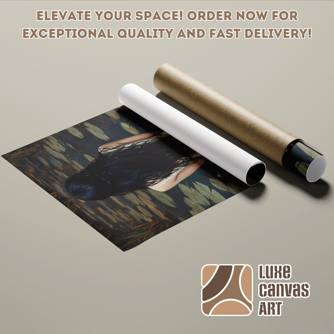 Poster Roll featuring a woman in a dark, moody style with a green and brown color palette. Elevate your space!