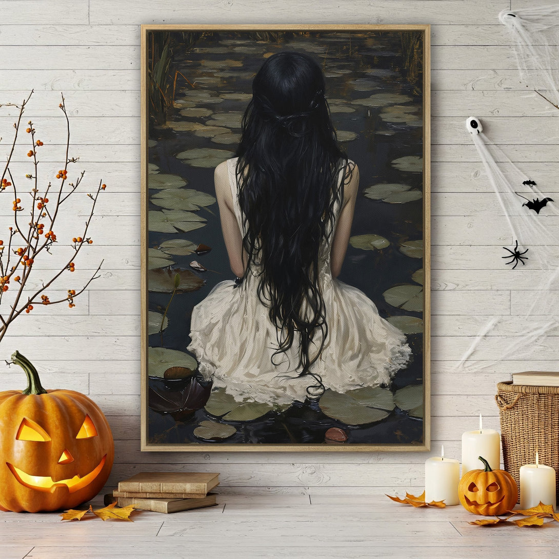 Framed Wall Art featuring a woman in a white dress on a lake, dark moody color palette. Perfect for Halloween decor. Shop now!
