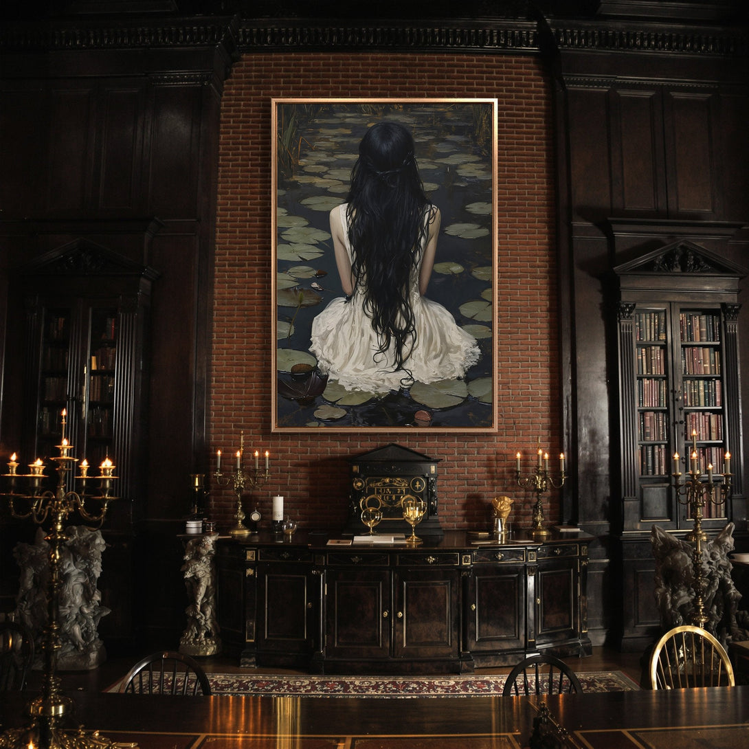Framed Wall Art featuring a woman on a lake in a dark, moody style. Earthy tones of brown, green, and black create a captivating aesthetic.