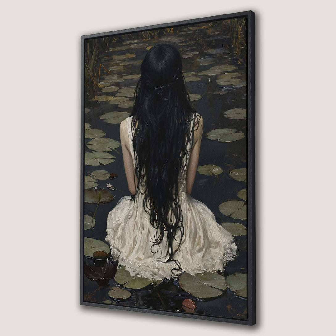 Framed Wall Art: Woman on lily pads, oil painting style. Dark, moody color palette with blacks, greens, and creams. Perfect for adding a touch of elegance.