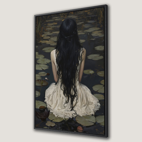 Framed Wall Art: Woman on lily pads, oil painting style. Dark, moody color palette with blacks, greens, and creams. Perfect for adding a touch of elegance.