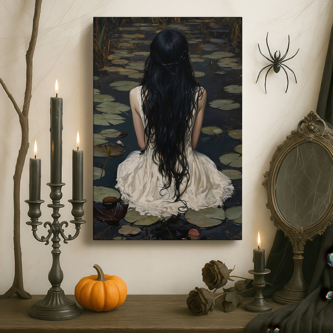 Framed Wall Art: Woman in white dress on lily pads. Moody, dark color palette with a touch of gold. Perfect for adding elegance to any space.