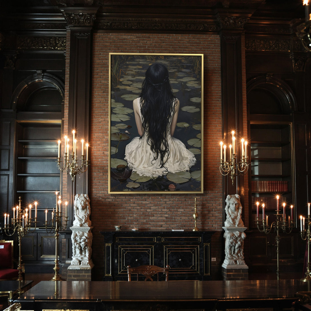 Canvas Print: Gothic woman in lake art, dark moody aesthetic, neutral and muted color palette, perfect for Halloween decor.