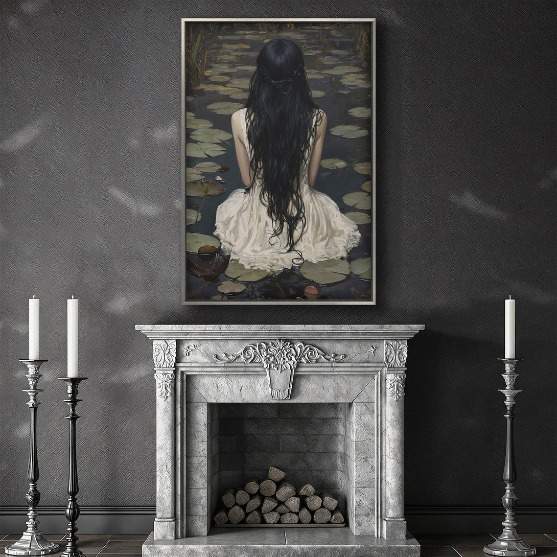 Framed Wall Art featuring a woman in a pond, serene and moody. Neutral color palette with dark tones, perfect for adding a touch of elegance to any space.