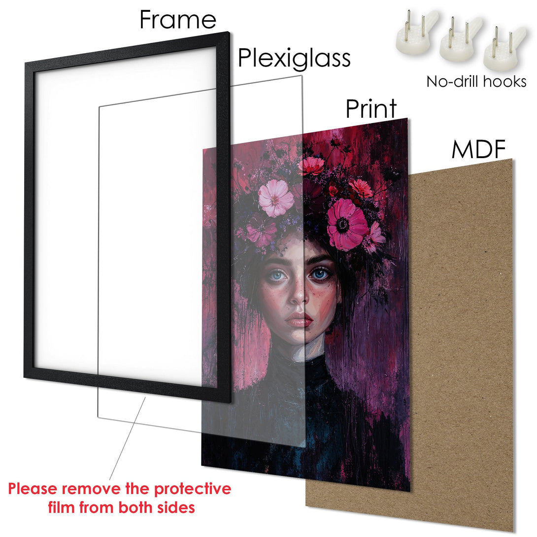 Framed Poster art featuring a woman with a floral crown, in a vibrant, painterly style with a purple and pink color palette. Ready to hang!