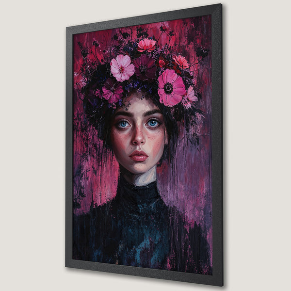 Framed Poster: Portrait of woman with flower crown, vibrant pink & purple palette, artistic style. Perfect wall art decor.
