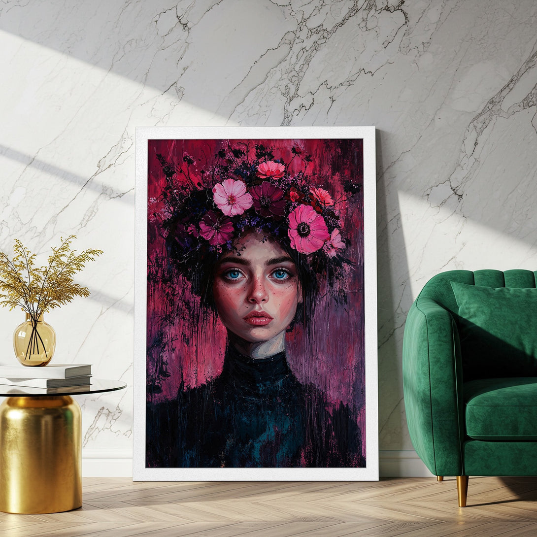 Framed Poster featuring a woman with flowers, in a vibrant pink and black color palette. Perfect wall art for a stylish home.