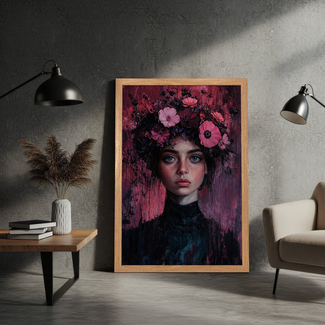 Framed Poster featuring a woman with a floral crown, in a painterly style with a pink and purple color palette. Perfect wall art!