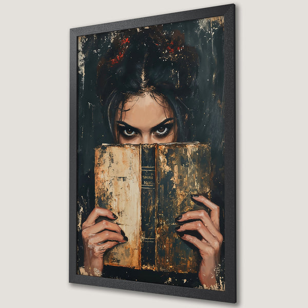 Framed Poster of a woman with intense eyes, holding a book. Dark, artistic style with a moody, gold and black color palette.