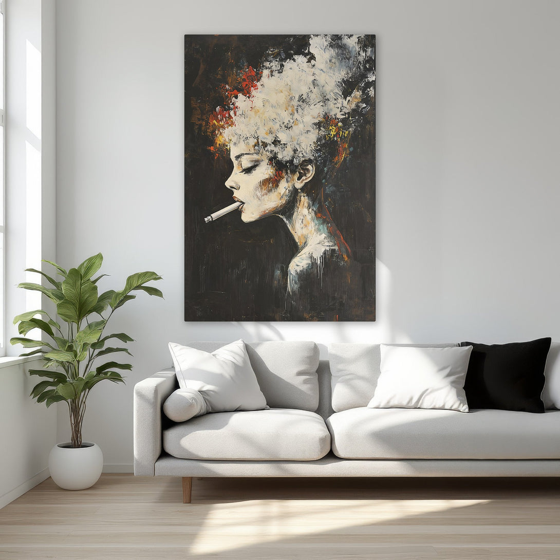 Framed Wall Art: Abstract portrait of a woman smoking, in a black, white, and red color palette. Modern art for your living room or bedroom.