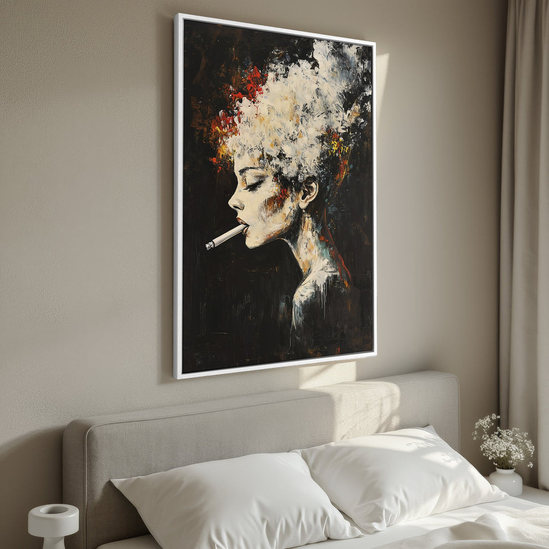 Framed Wall Art: Abstract portrait of a woman smoking, dark & moody color palette. Modern art for bedroom decor. Add a touch of elegance to your space!