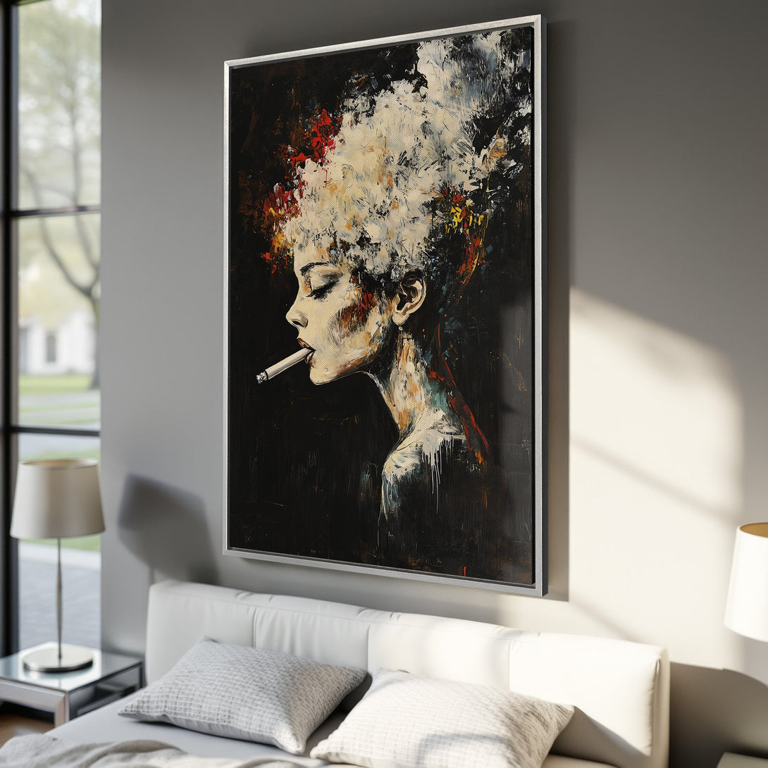 Framed Wall Art: Abstract portrait of a woman smoking, with a dark, moody palette. Adds a touch of modern art to any space.