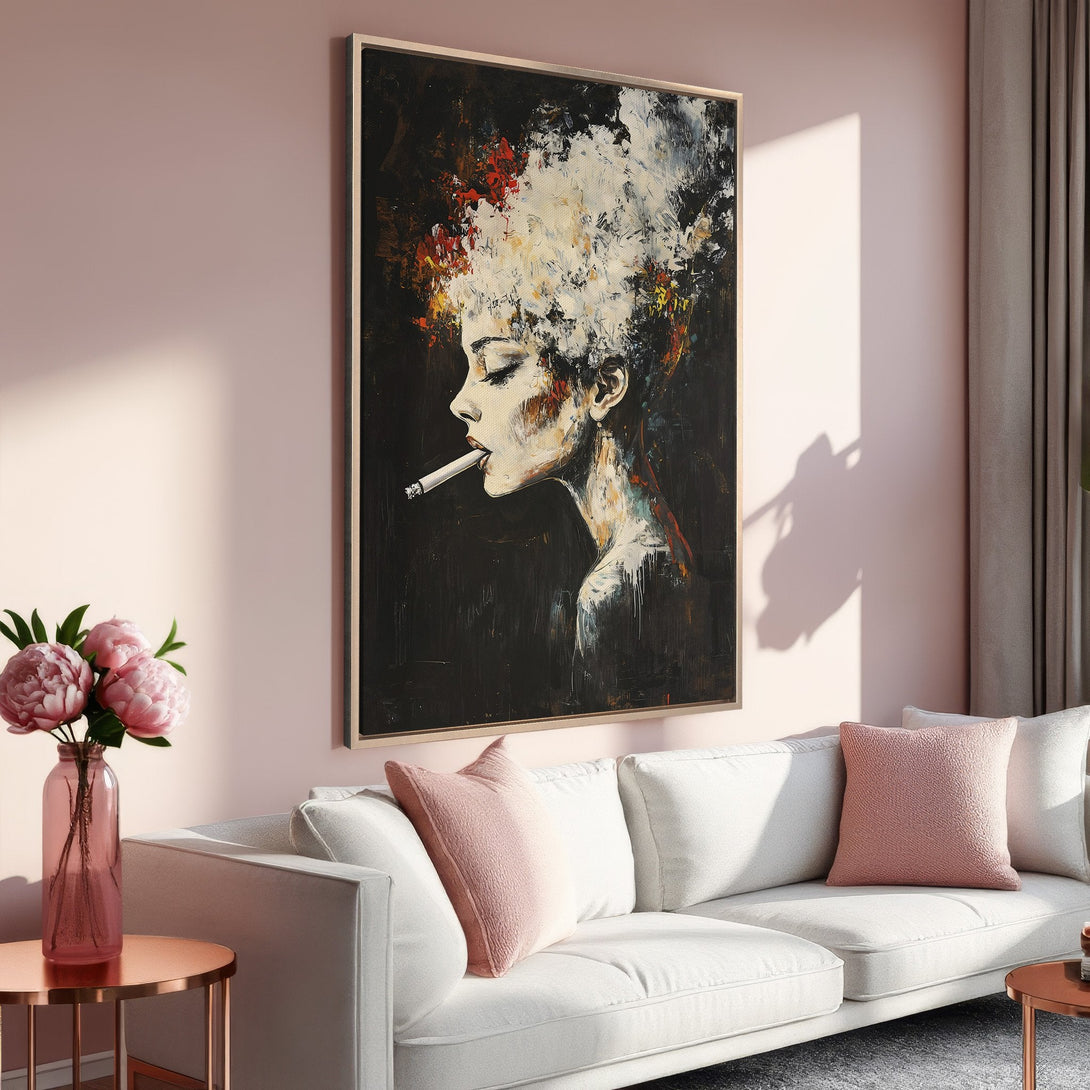 Framed Wall Art: Abstract portrait of a woman smoking. Dark, moody painting with a black, white, and red color palette. Perfect for modern decor.