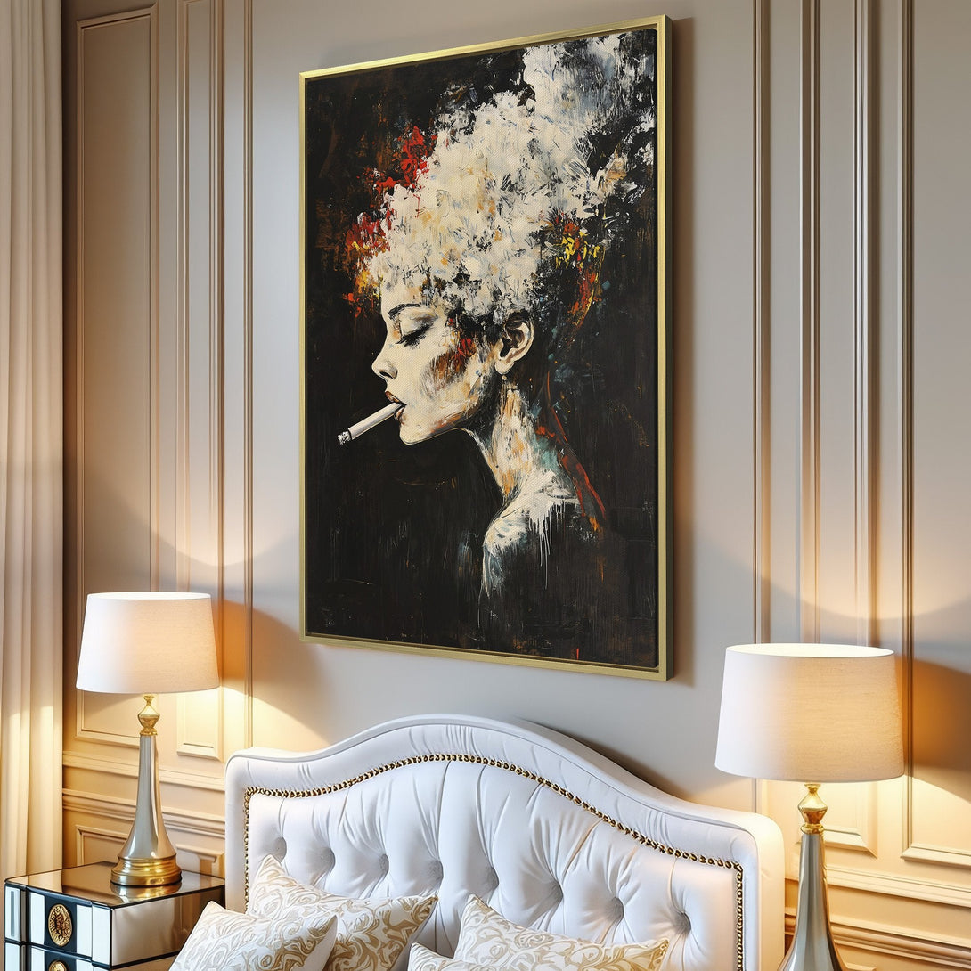 Canvas Print of a woman smoking, abstract art style, dark and neutral color palette, perfect for modern interiors.