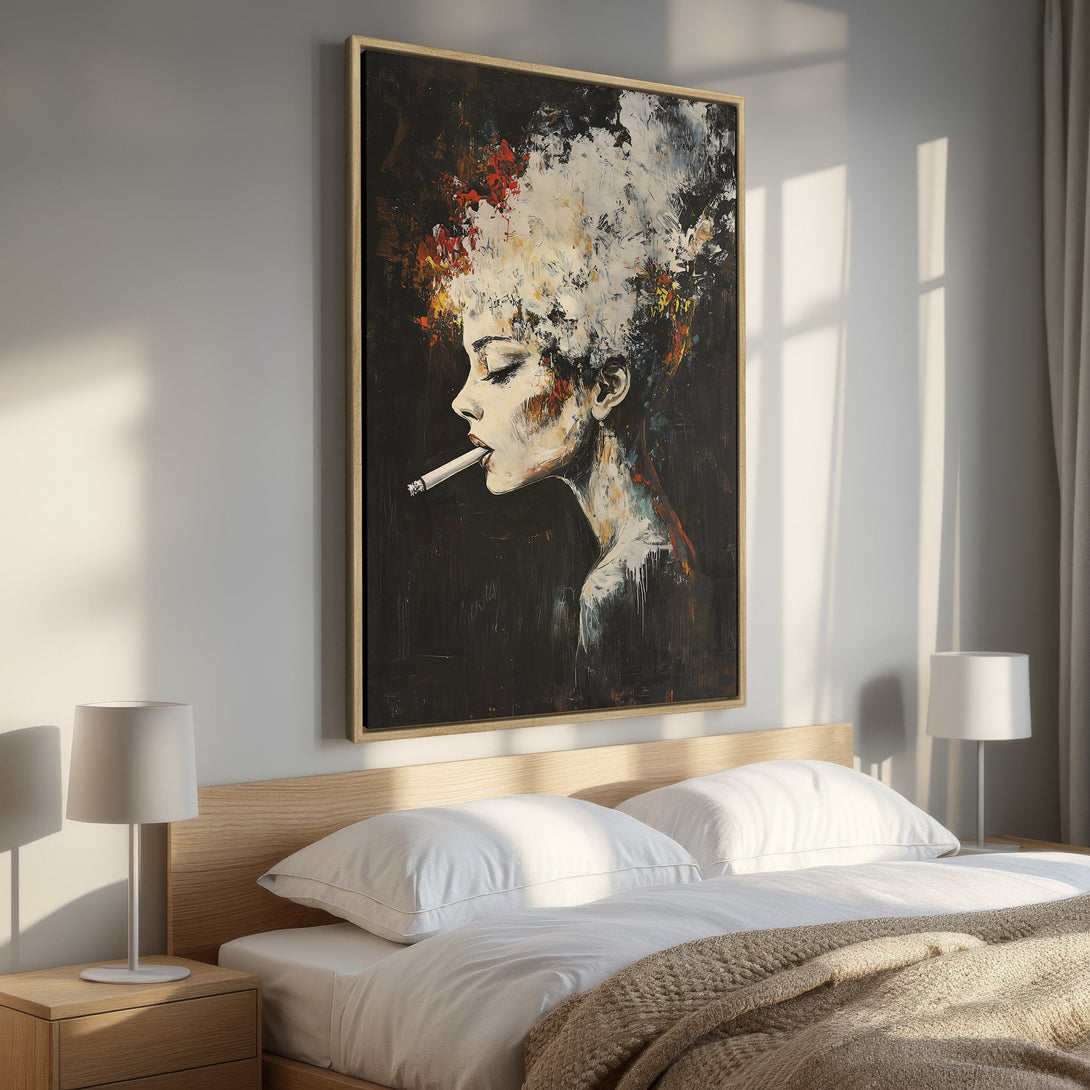 Framed Wall Art: Abstract portrait of a woman smoking, displayed in a bedroom. Dark, moody palette with pops of color. Elevate your space with art!