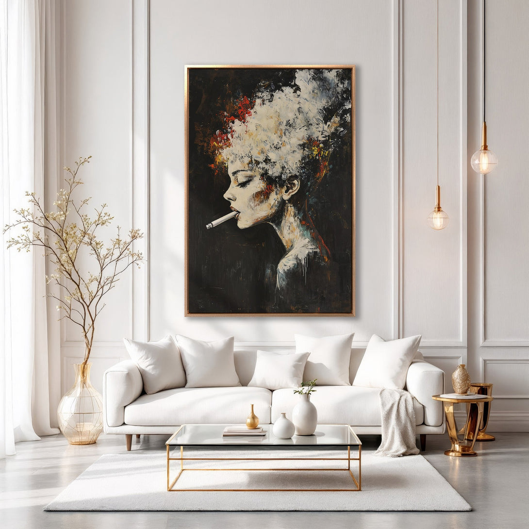 Framed Wall Art: Abstract portrait of a woman smoking, in a modern living room. Features a dark, moody color palette with pops of red and white.