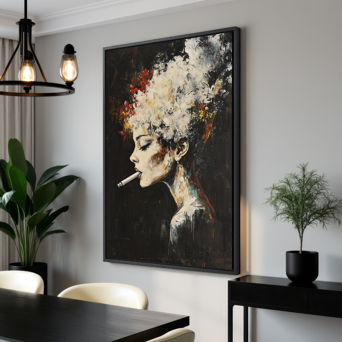Framed Wall Art: Abstract portrait of a woman smoking, dark and moody with a black, white, and red color palette. Perfect for modern interiors.