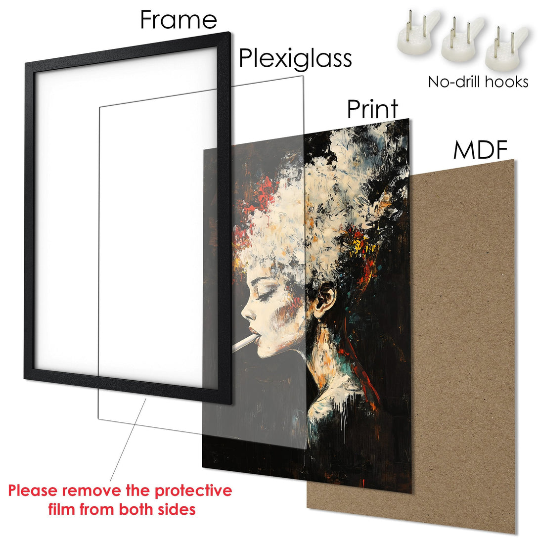 Framed Poster featuring a woman smoking, abstract art style, with a dark color palette. Perfect wall decor!