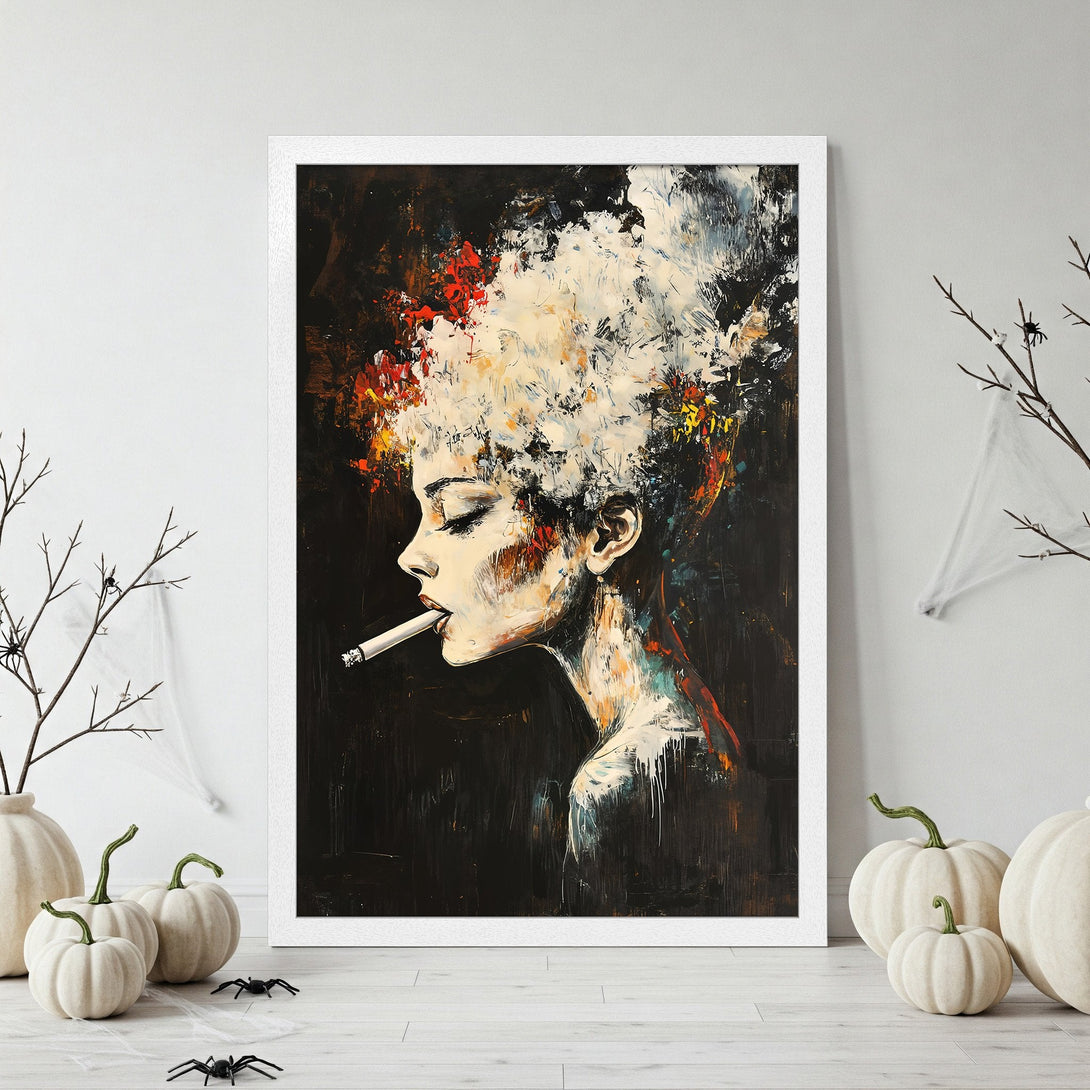 Framed Poster of woman smoking, abstract style, dark and colorful palette. Add artistic flair to your space!