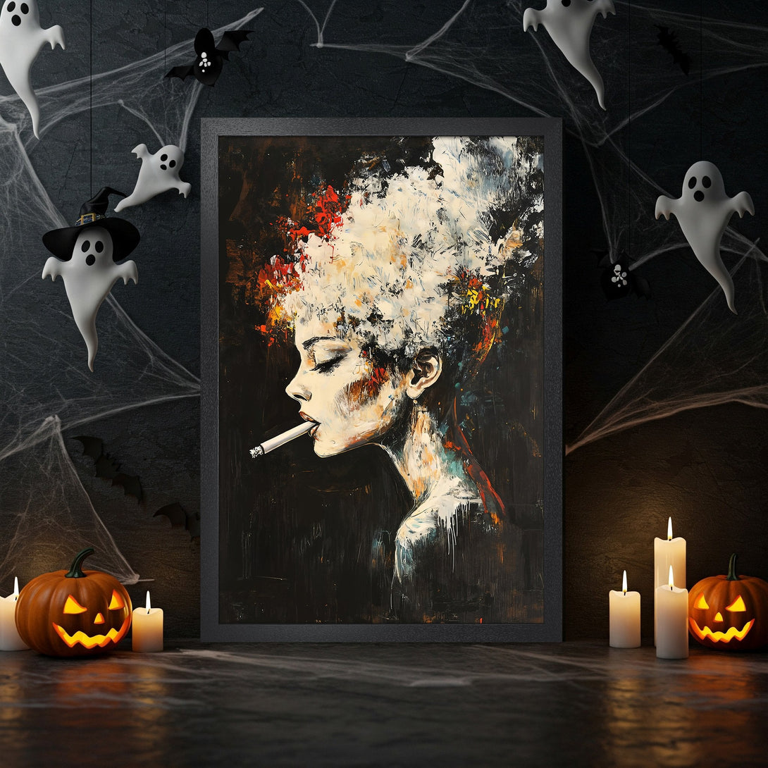 Framed Poster: Abstract portrait art with a dark, moody palette. Perfect Halloween decor. Get yours today!