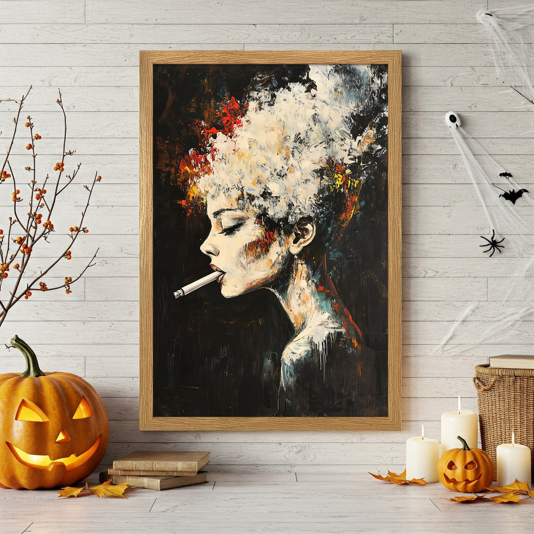 Framed Poster: Abstract portrait of a woman smoking, dark & moody color palette. Perfect art for modern decor.