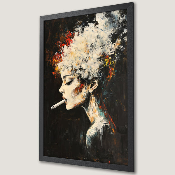Framed Poster of a woman smoking, abstract art style with dark, moody tones and pops of color. Perfect wall art.