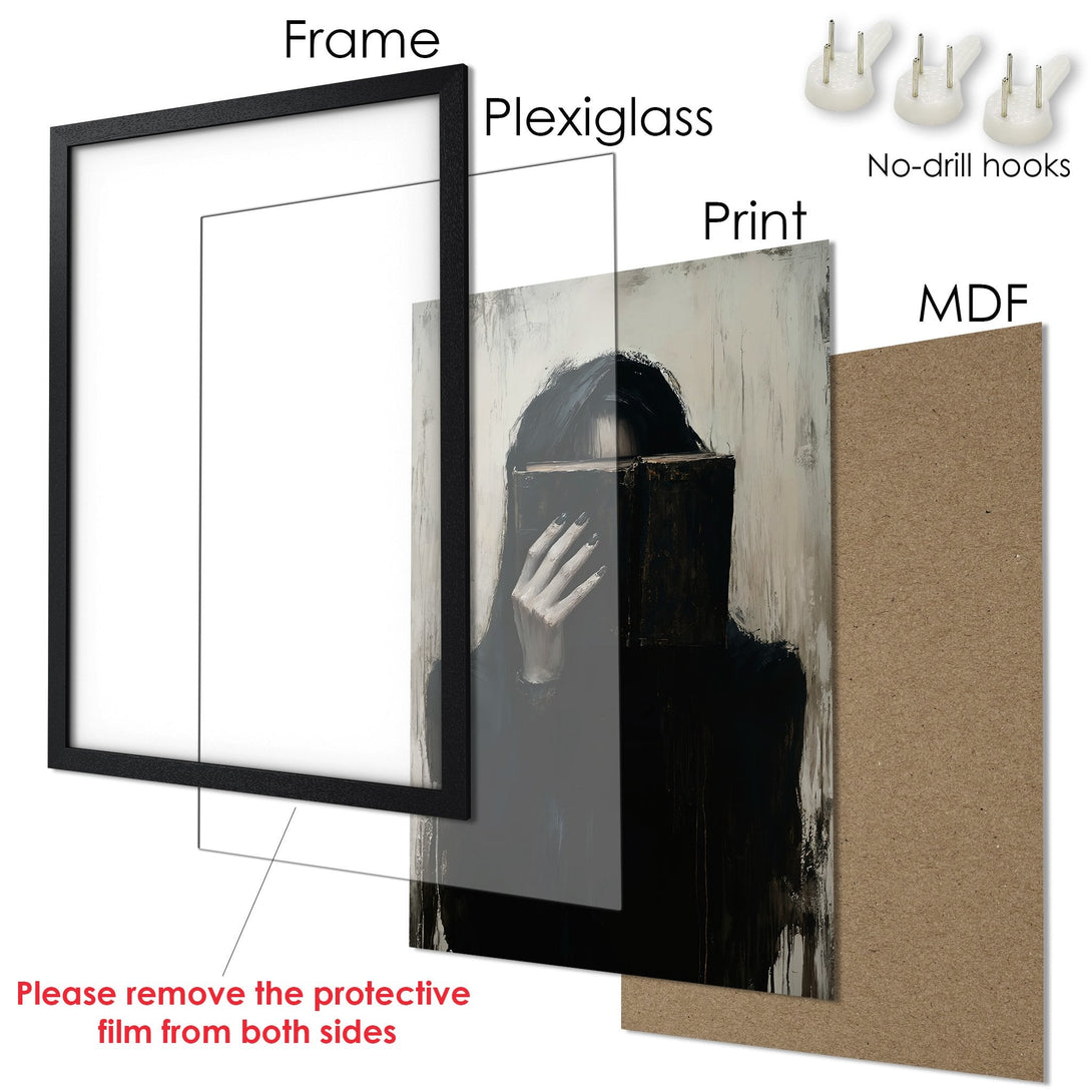 Framed Poster of a woman with a book, abstract style, black and white color palette. Ready to hang art.