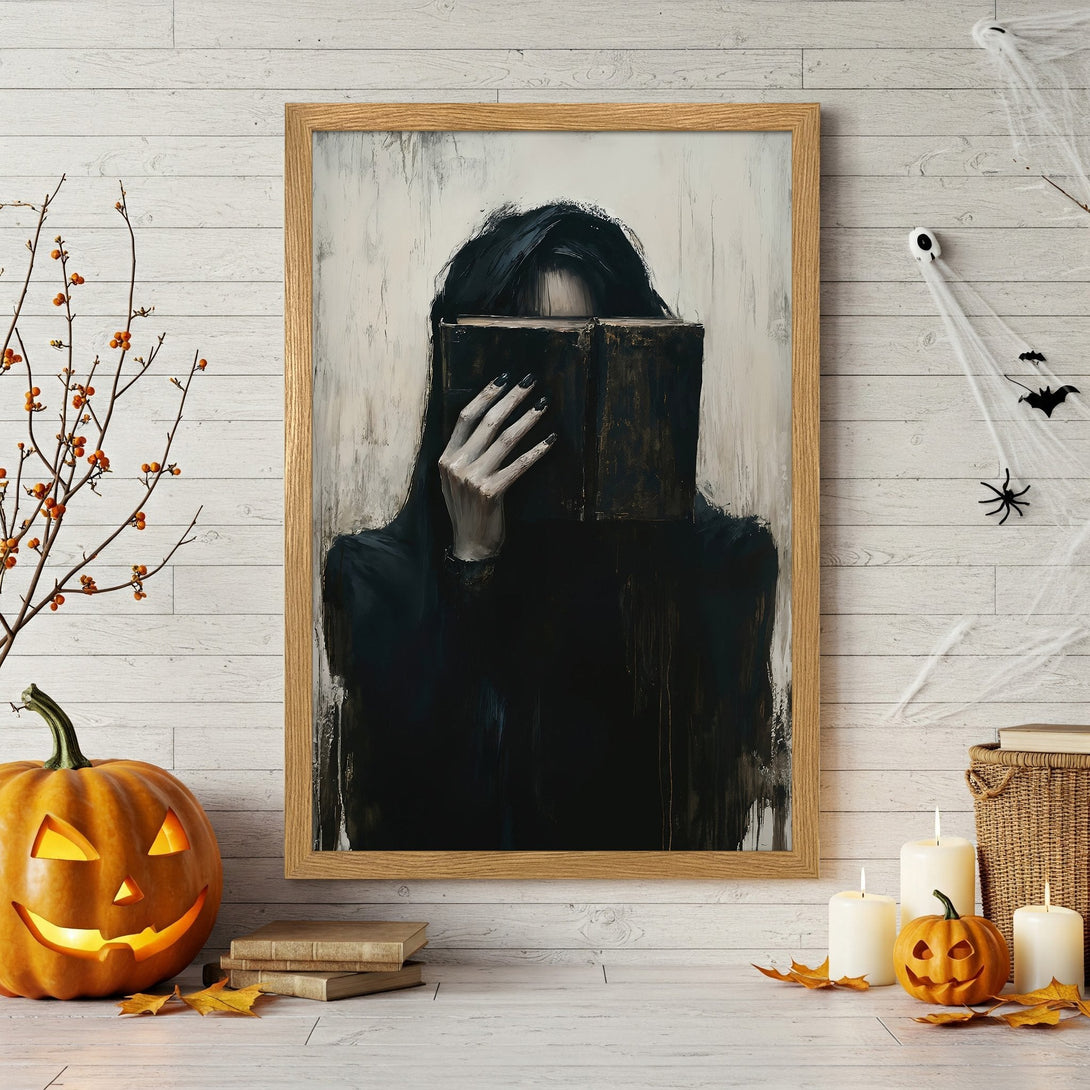 Framed Poster featuring a mysterious figure with a book, dark style, and a moody black & white palette. Perfect Halloween decor!