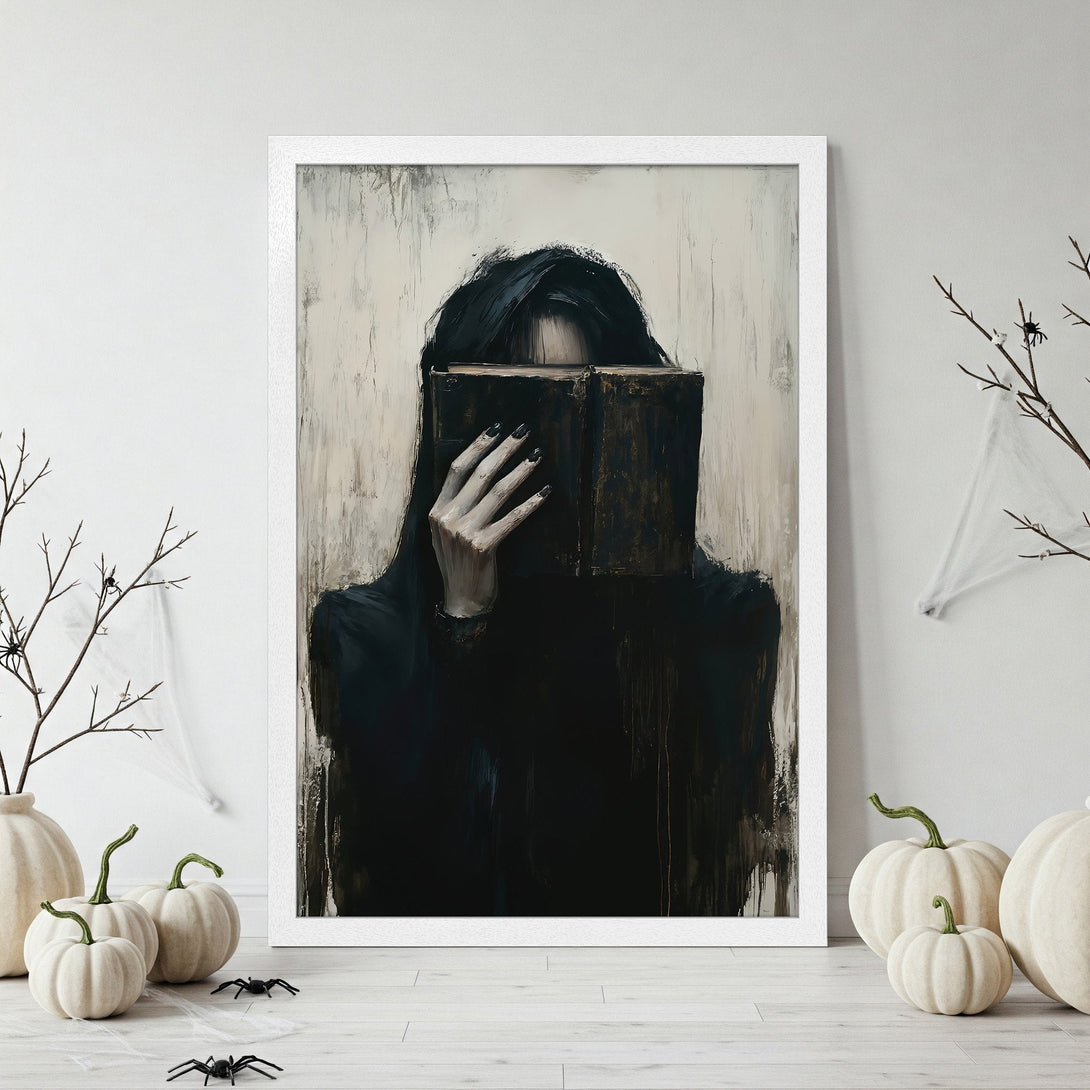 Framed Poster: Gothic art print of a woman with a book, dark style, black & white palette. Perfect Halloween decor.