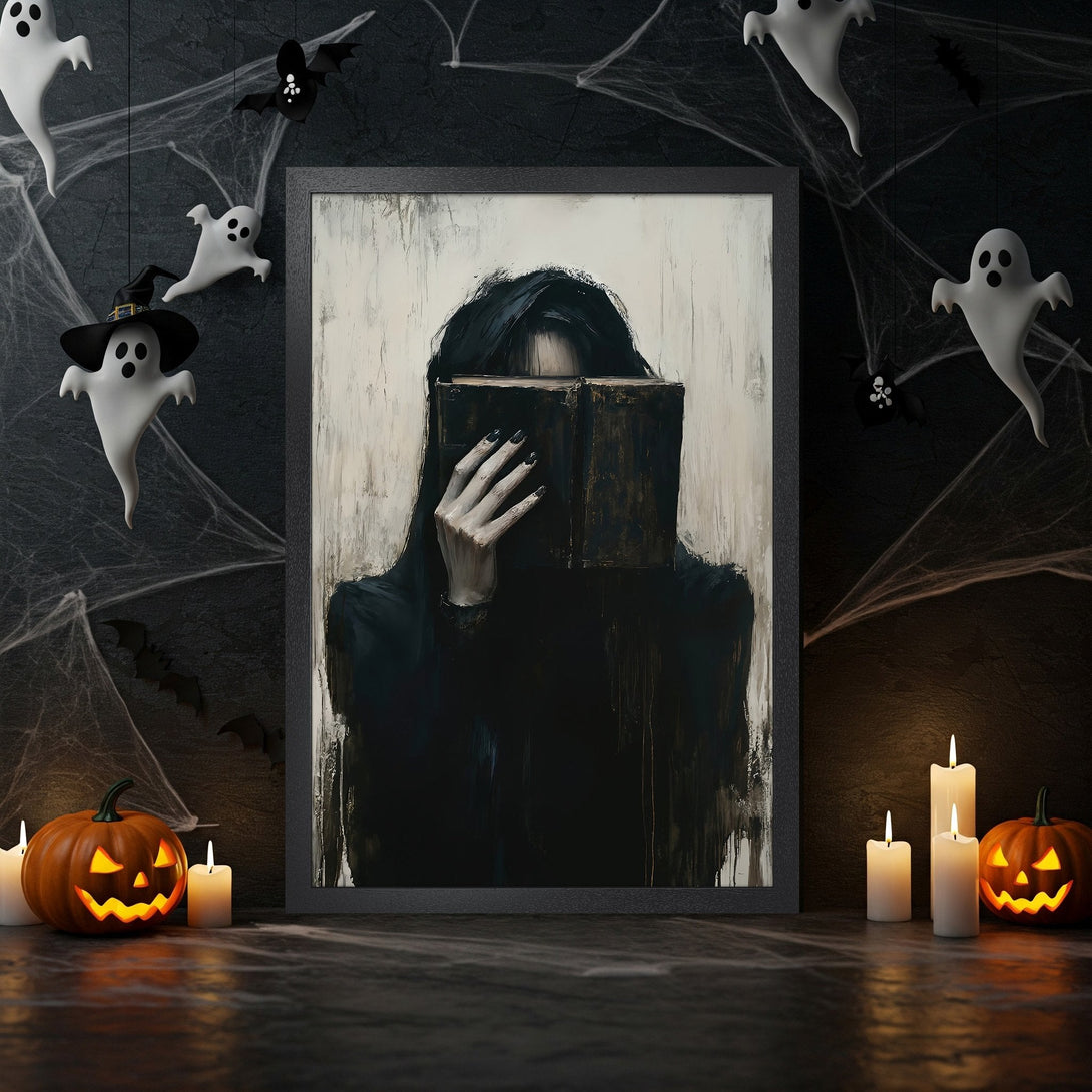 Framed Poster featuring a gothic figure with a book, dark and moody style, black, white, and beige color palette, perfect for Halloween decor.