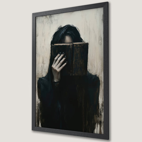 Framed Poster: Woman with book, dark art style, black and beige color palette. Add this unique poster to your wall decor!