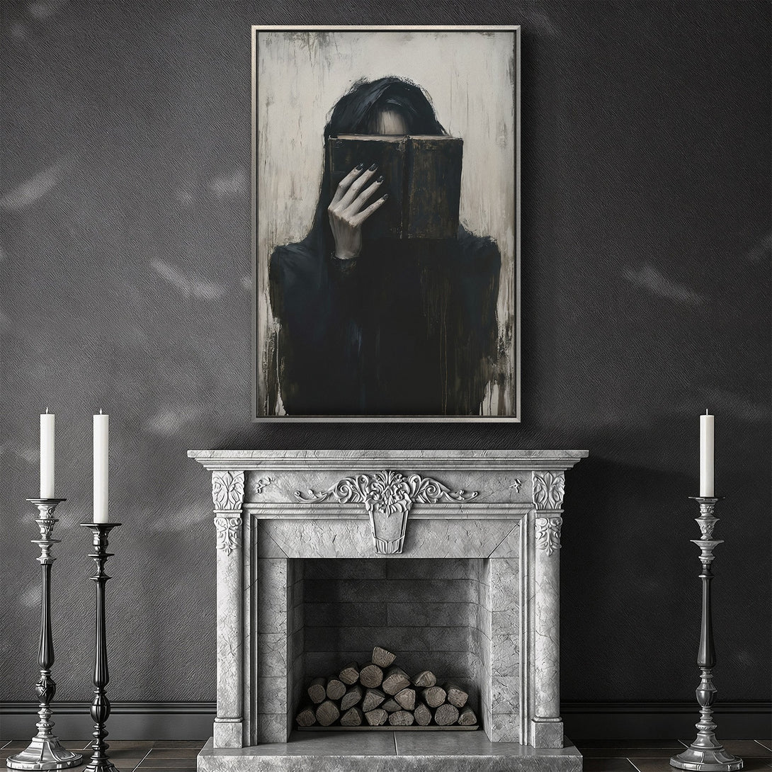 Framed Wall Art: Gothic portrait of a woman with a book in a dark, moody style. Features a black, white, and grey color palette. Perfect for adding a touch of mystery.