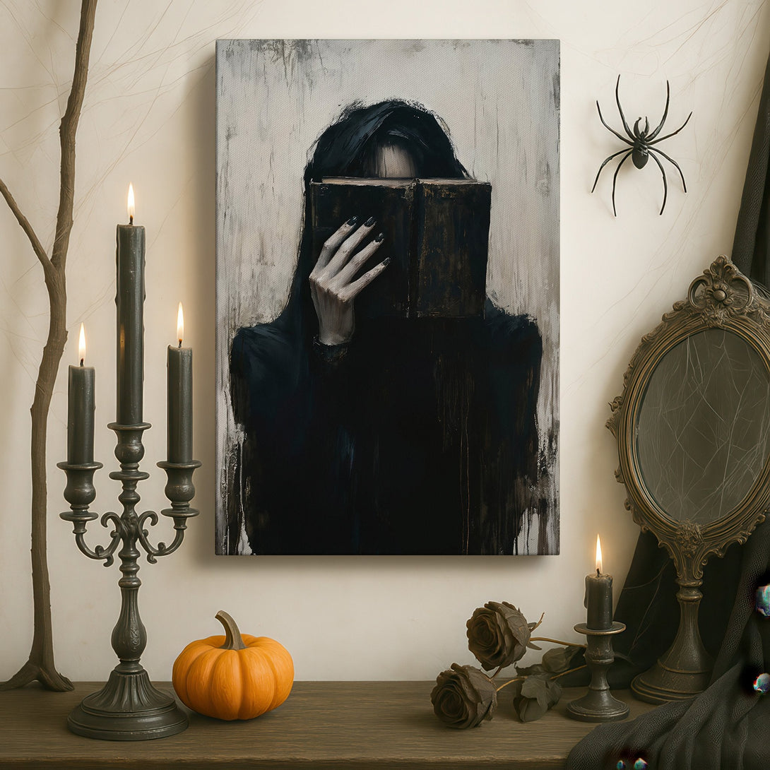 Framed Wall Art: Mysterious woman reading, dark & moody aesthetic, monochrome palette. Enhance your space with this captivating Canvas Print.