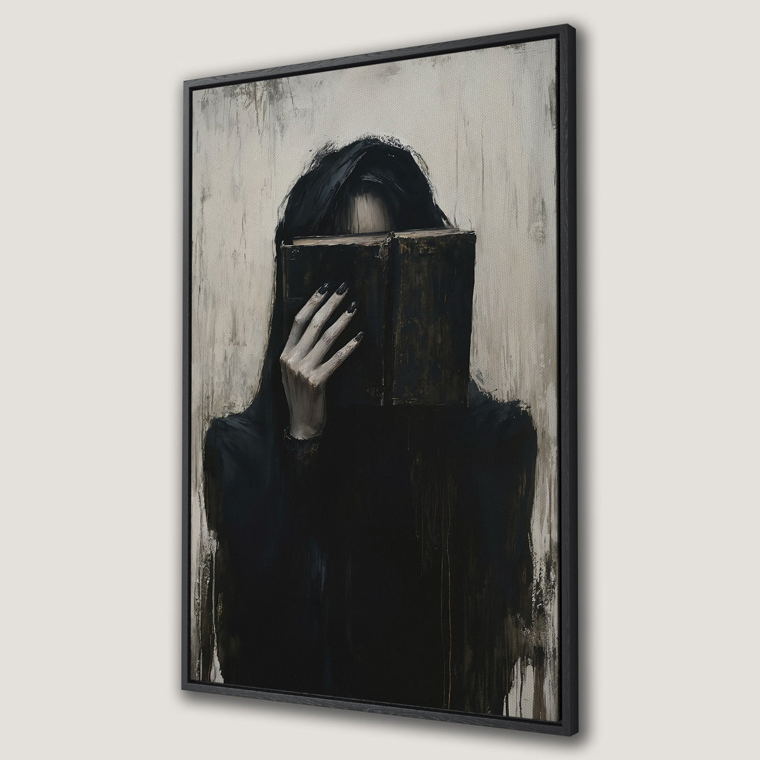 Framed Wall Art: Mysterious woman with book, dark and moody abstract painting in black, gray, and white. Perfect for modern home decor.