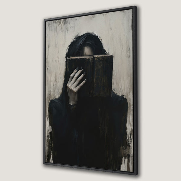 Framed Wall Art: Mysterious woman with book, dark and moody abstract painting in black, gray, and white. Perfect for modern home decor.